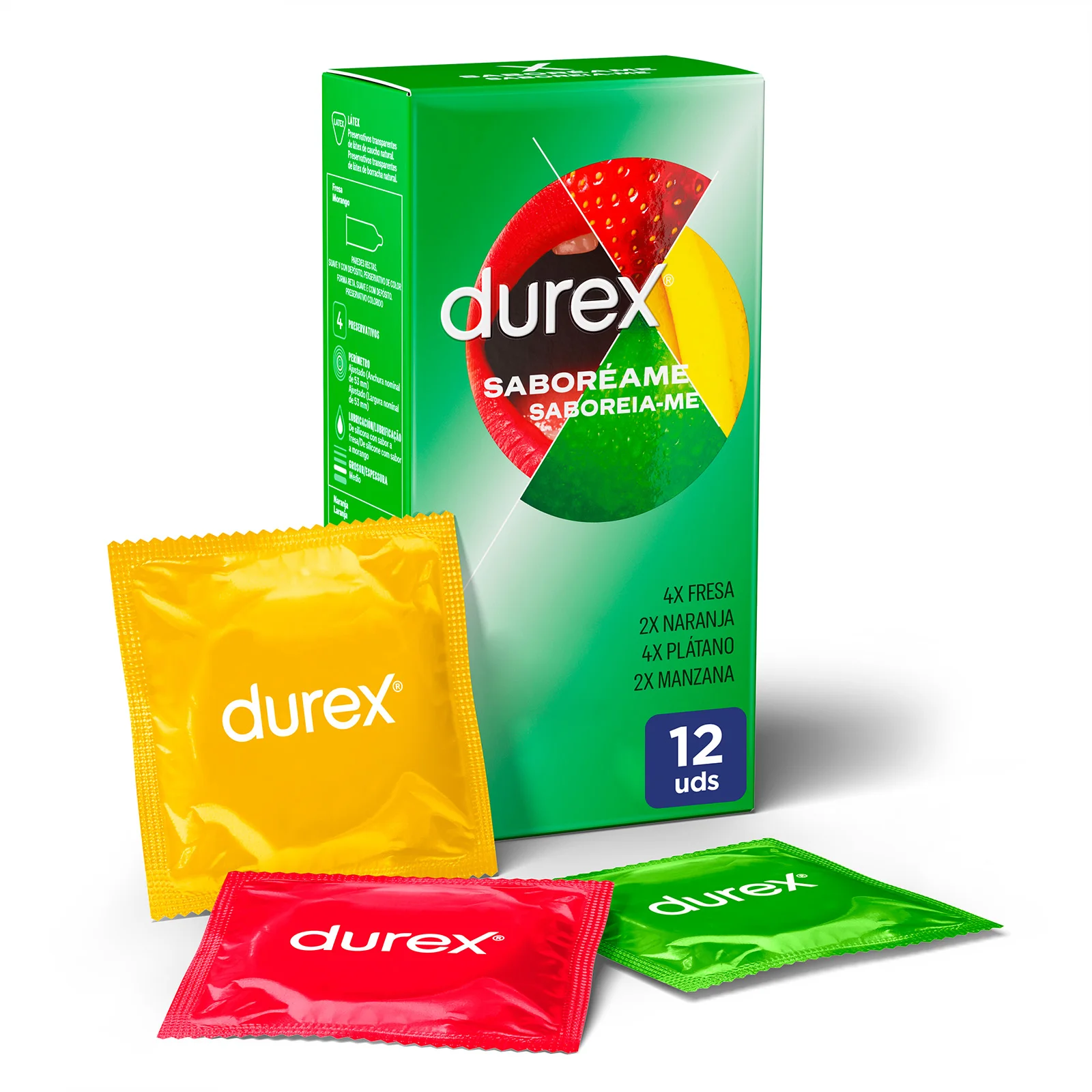 Durex - Preservativos Saboreame para Mayor Sensación, sabor fresa. naranja. platano, manzana,