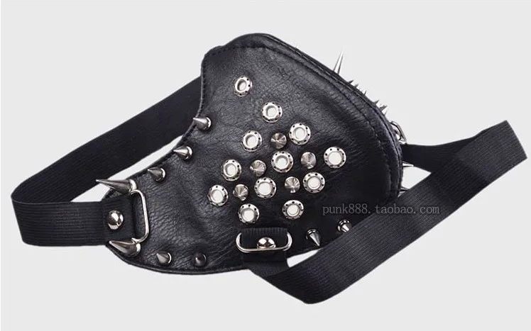 Máscara de algodón grueso con tachuelas para motocicleta, máscara cálida de media cara con tachuelas Punk, cuero negro, - Imagen 5