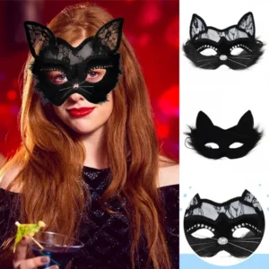 Máscara facial de gato de encaje negro Sexy para mujeres y niñas máscara de ojo veneciana fiesta de Navidad Cosplay tocado Halloween Fantasía
