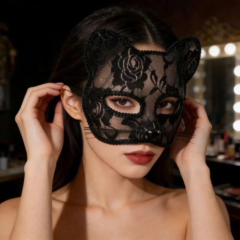 Máscara de Encaje con Diseño de Cara de Gato para Mujer, Accesorio de Disfraz - Imagen 2