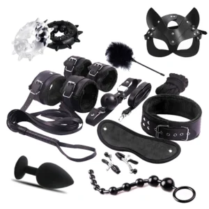Conjunto de Bondage de cuero genuino BDSM de alta calidad, esposas fetiche, Collar, látigo de mordaza, Juguetes sexuales divertidos, juego para parejas femeninas y adultos 18+