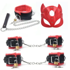 Juego de Bondage de 4 Uds., esposas de esponja de cuero para tobillos sexuales, esposas, Collar, máscara y 5 ataduras de bloqueo, Juguetes sexuales para juegos de adultos