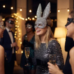 Máscara de disfraz con brillantina para mujer, estilo conejo, para actuaciones teatrales,