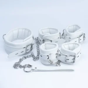 Kit de Bondage blanco, conjunto de ataduras de cuero, esposas, puños de tobillo, Collar y correa, lencería Sexy, arnés fetiche, accesorios para mujer